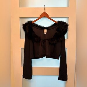 Maeve Anthropologie Black Faux Fur Trim Cropped Cardigan Size Medium